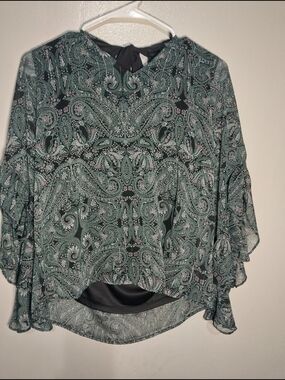 BCX Teal and Black Paisley Layered Chiffon Blouse